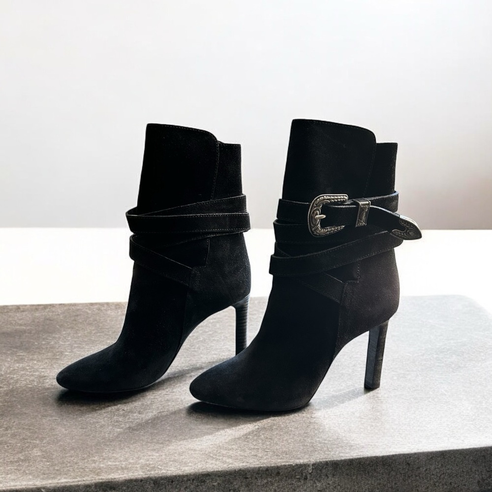 SAINT LAURENT 
Black Suede Mica Buckle Western Ankle Boots